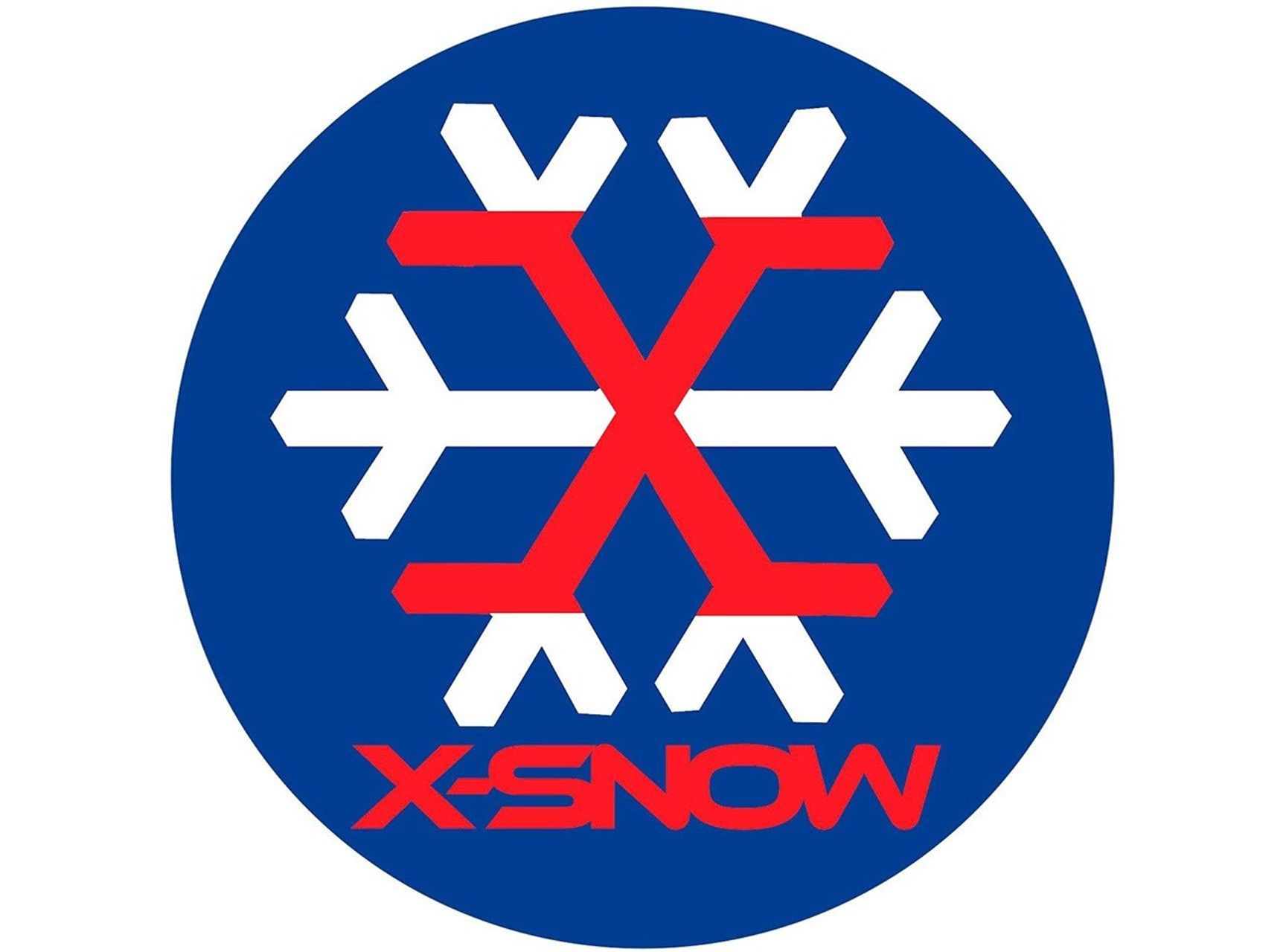 A stick-figure white snowflake on a blue circle is partly eclipsed by a red "X." Underneath is the word "X-Snow."