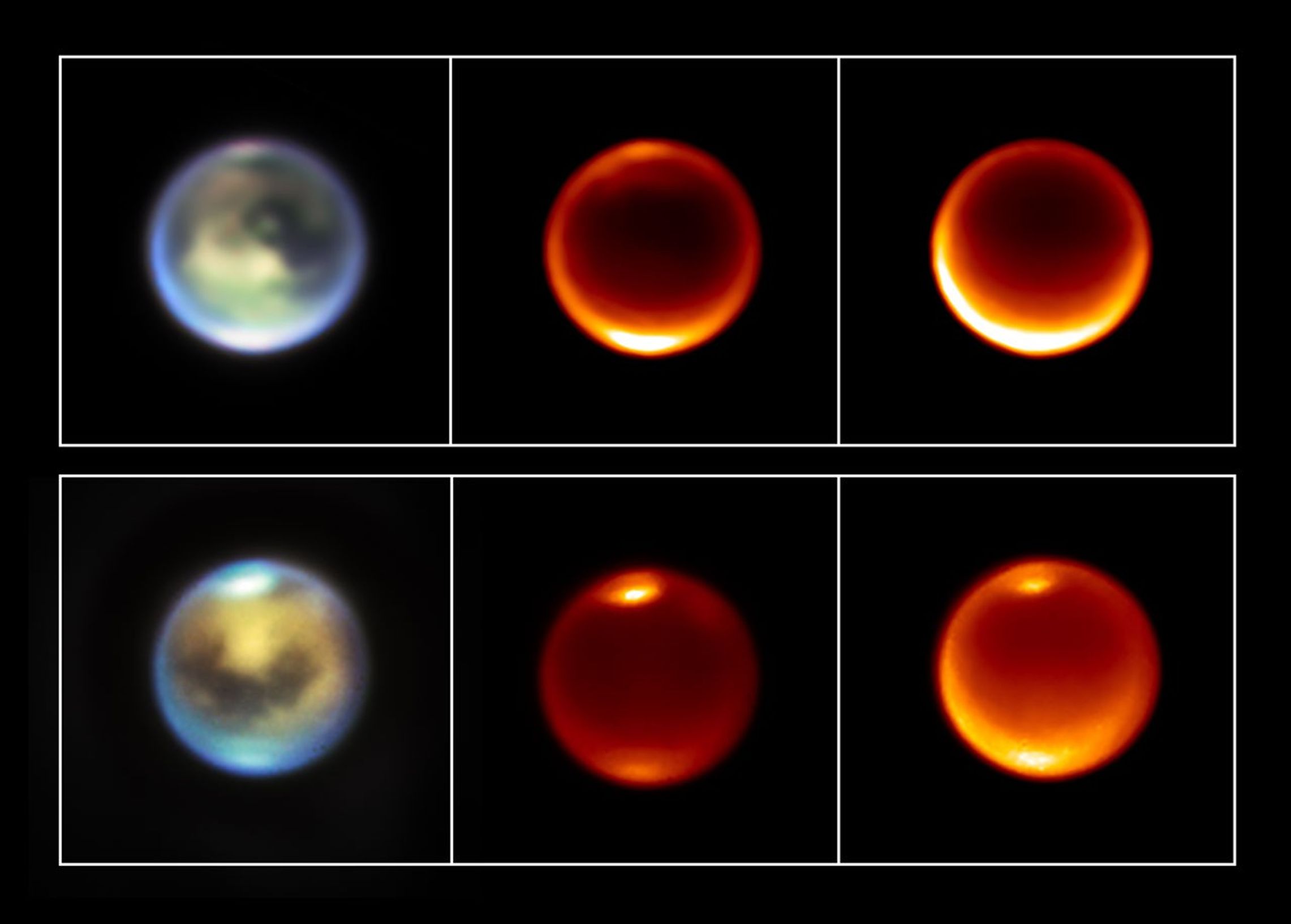 A six-panel graphic with two rows and three columns, showing infrared images of Saturn’s moon Titan. The leftmost images show a mottled globe of brown and yellow with a hazy blue edge. At the top, a white spot that is somewhat faint in the top row image and brighter in the bottom row image. The middle column shows a dark orange globe with a brighter edge. The only features are bright spots near the top and bottom. The top spot is fainter in the top row image and brighter in the bottom row image. The rightmost images also show a dark orange globe with a brighter edge. The top row image is otherwise featureless. The bottom row image, taken three days later, has bright spots near the top and bottom.