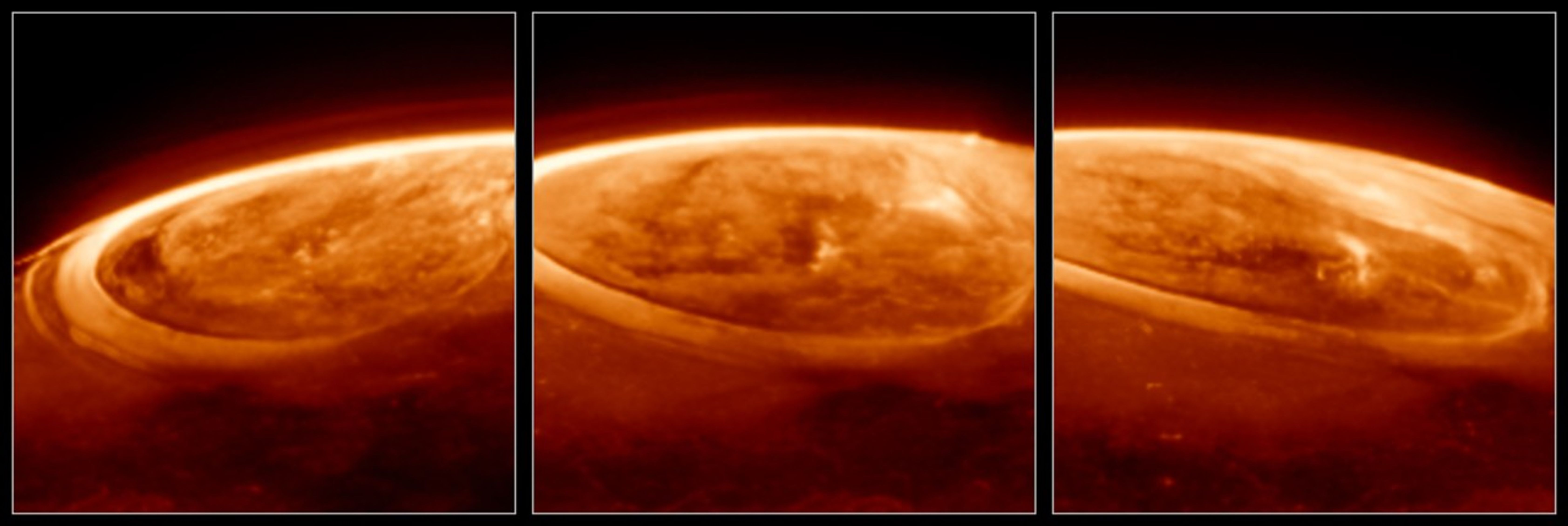 Three panels, each showing a close-up near-infrared image of Jupiter’s north pole, in shades of orange. The planet is mostly dark. Thick, bright arcs and rings caused by auroras cover the pole. The center and right panels each show the aurora a few minutes later in time, as Webb’s field of view slowly scans over the planet.